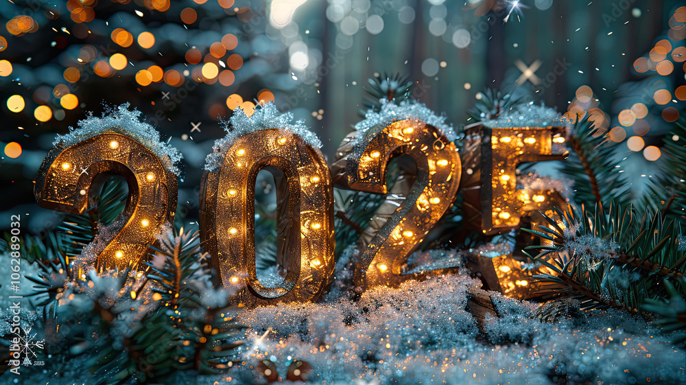 A Christmas tree with lights and snow on it. The letters A Christmas tree with lights and snow on it. The letters
