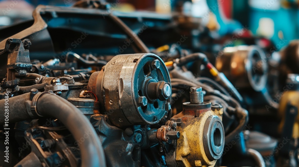Close-up view of an engine's mechanical components in a workshop setting.