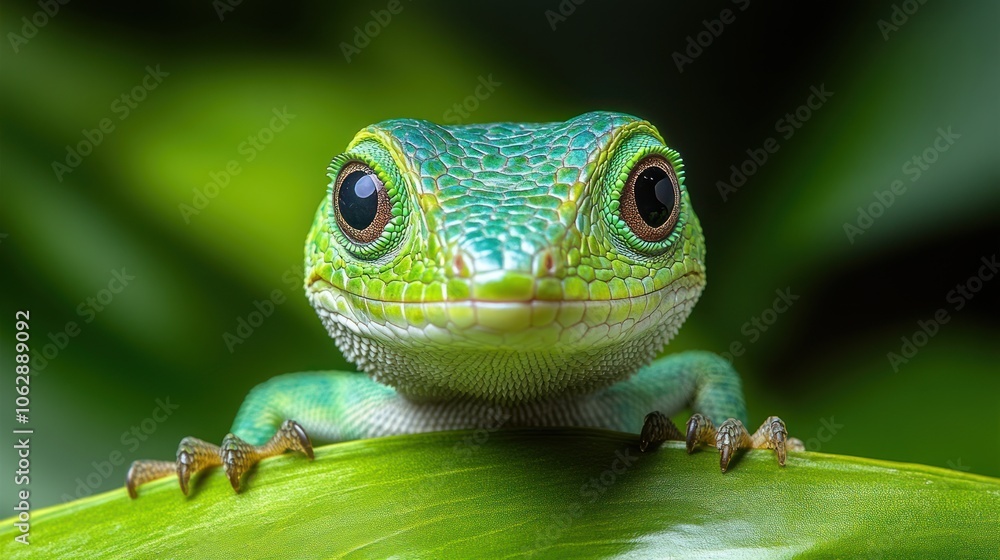 Fototapeta premium Close-up of a vibrant green lizard on a leaf.