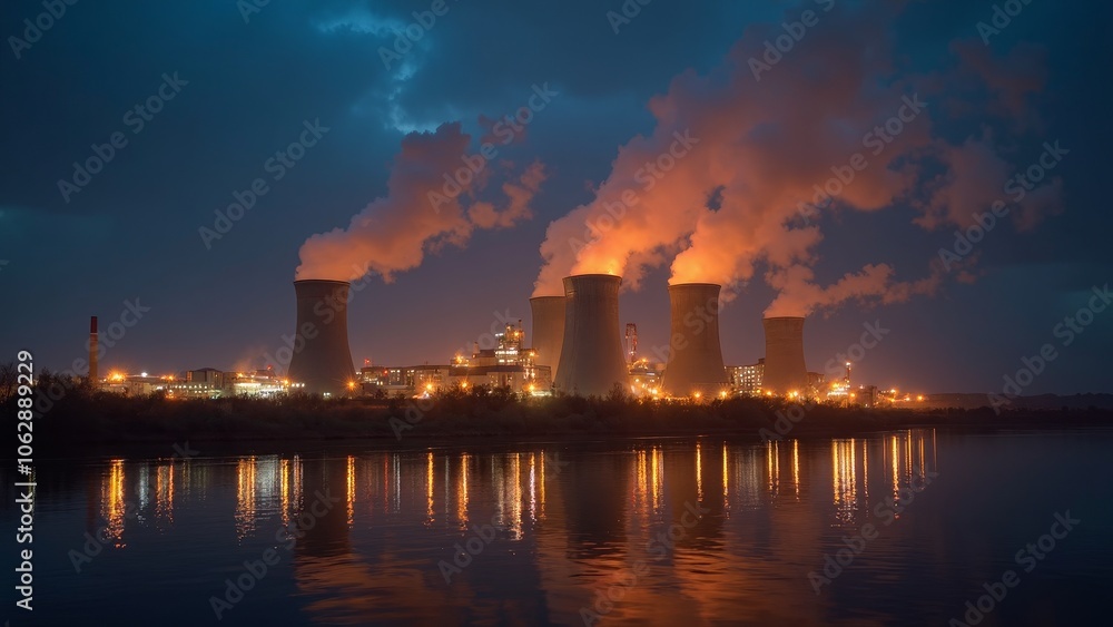 Illuminated industrial power plant at dusk with reflection on water Illuminated industrial power plant at dusk with reflection on water