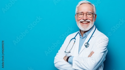 Smiling elderly doctor in a white coat with a stethoscope against a blue background.