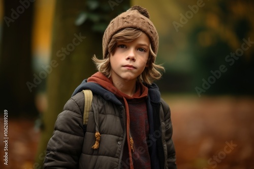 Portrait of a cute little boy in the autumn forest. Autumn fashion.