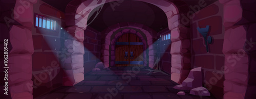 Dark medieval stone corridor leads to wooden entrance with blue moonlight streaming through barred windows. Ancient castle dungeon with gothic archways, cobblestone floor, rustic torch holders on wall