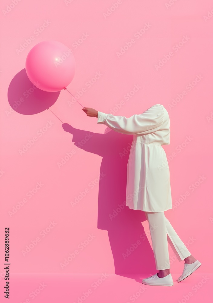 Headless woman holding a pink balloon with her head erased. Cancel culture, delete identity background. Headless woman holding a pink balloon with her head erased. Cancel culture, delete identity background.