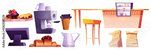 Cafe equipment set with espresso machine, pastry display, counter monitor, tall stool and serving table. Cozy restaurant interior collection with desserts, paper bags, milk pitcher and takeaway cup.