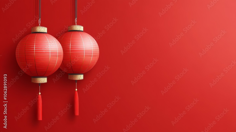 Two red lanterns hanging on a vibrant red background, symbolizing celebration and culture. Two red lanterns hanging on a vibrant red background, symbolizing celebration and culture.