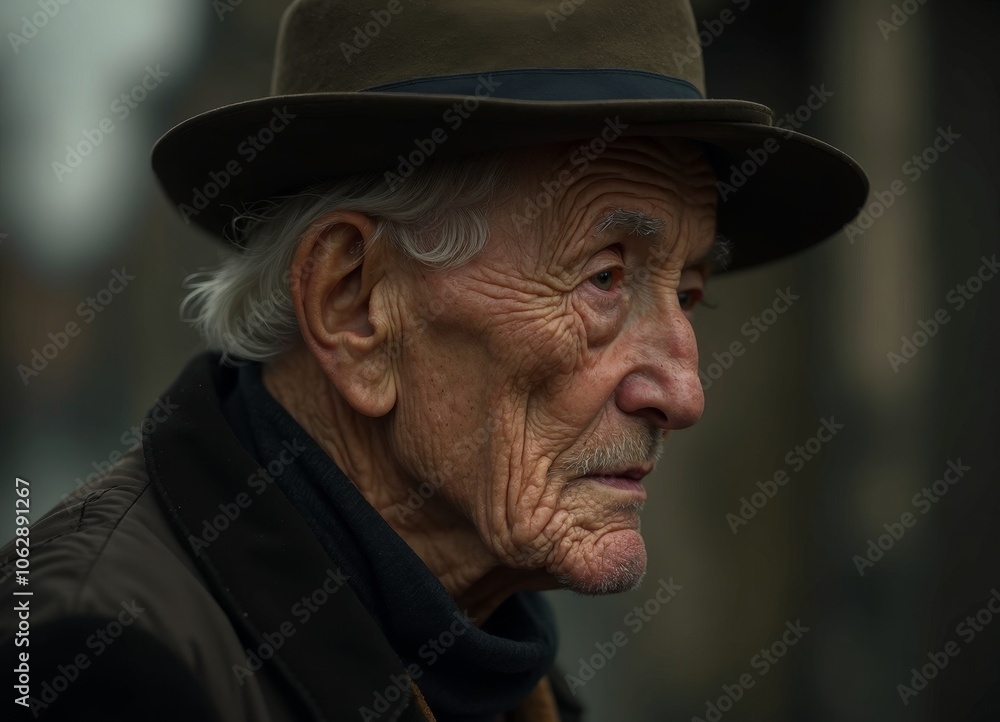 Elderly man in hat with deep wrinkles looking thoughtful outdoors Elderly man in hat with deep wrinkles looking thoughtful outdoors