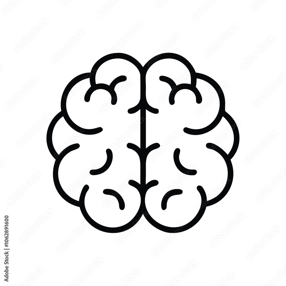 Simple brain outline icon in black and white, Black and white outline icon of a brain, symbolizing intelligence, thinking, and creativity, isolated on a white background. Simple brain outline icon in black and white, Black and white outline icon of a brain, symbolizing intelligence, thinking, and creativity, isolated on a white background.