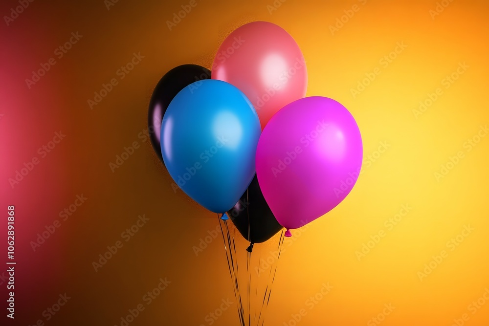 A cluster of colorful balloons, including blue, pink, and black, stand out against a bright yellow background. A cluster of colorful balloons, including blue, pink, and black, stand out against a bright yellow background.