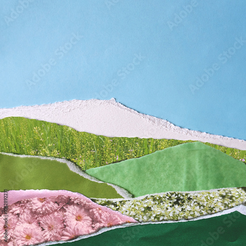 Colorful collage illustration made from torn pieces of vintage photos and paper. Floral meadows and green fields in applique technique. Praising the nature. Copy scape composition.