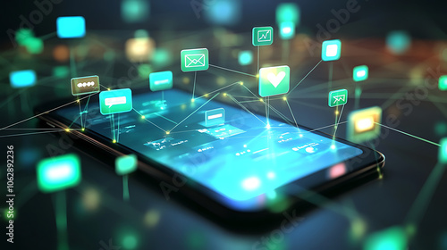 A 3D graphic of a smartphone with vibrant chat bubbles floating above, each bubble representing SMS marketing messages with tiny icons of discount tags, notifications