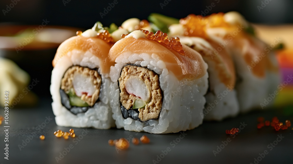 Close-up of sushi rolls topped with salmon, mayonnaise, and orange fish roe on a dark surface Close-up of sushi rolls topped with salmon, mayonnaise, and orange fish roe on a dark surface