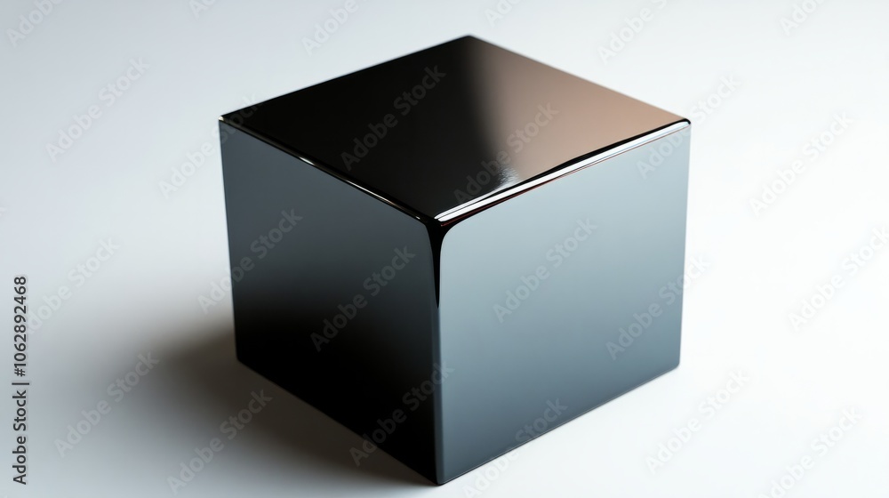 A metallic black box with sharp reflections, placed at an angle on a clean white background A metallic black box with sharp reflections, placed at an angle on a clean white background