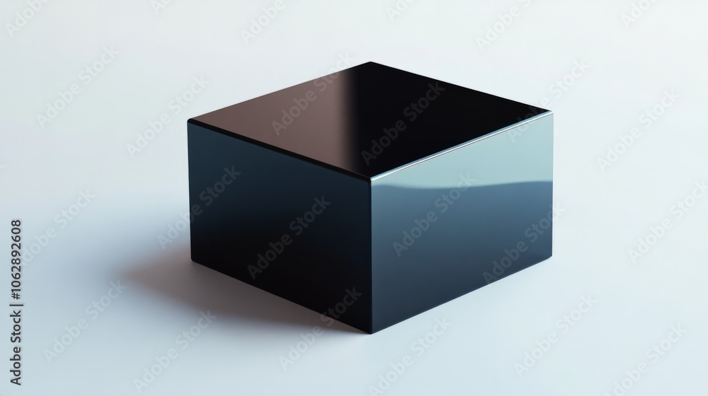 A metallic black box with sharp reflections, placed at an angle on a clean white background A metallic black box with sharp reflections, placed at an angle on a clean white background