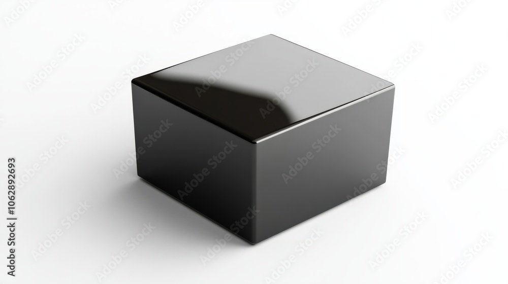 A metallic black box with sharp reflections, placed at an angle on a clean white background A metallic black box with sharp reflections, placed at an angle on a clean white background