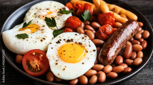 Plate with sunny side up eggs, sausage, baked beans, cherry tomatoes, potatoes, and garnished herbs on a wooden table photo