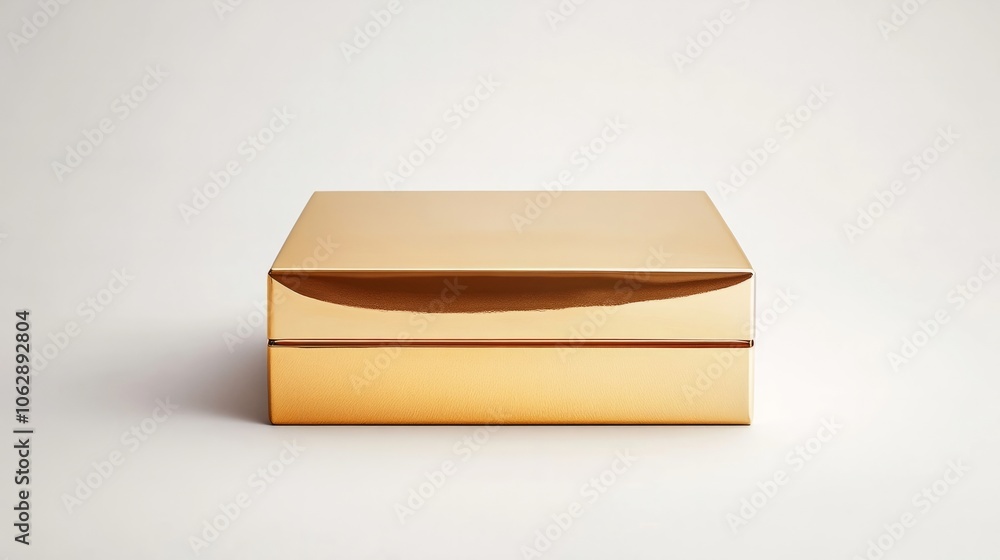 A metallic gold box with sharp, reflective surfaces, placed symmetrically on a plain white background A metallic gold box with sharp, reflective surfaces, placed symmetrically on a plain white background