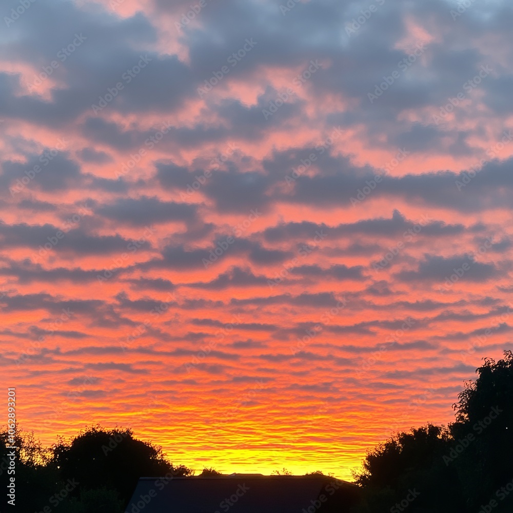 Fototapeta premium A fiery sunset with streaks of orange, red, and pink, illuminate the sky above a silhouette of trees.