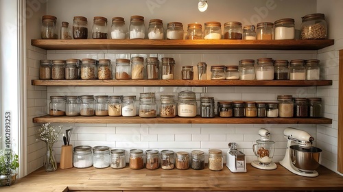 Wallpaper Mural Bright, airy kitchen corner with floating open shelves, natural downlighting, glass containers holding various baking ingredients, neatly placed wooden utensils, Torontodigital.ca