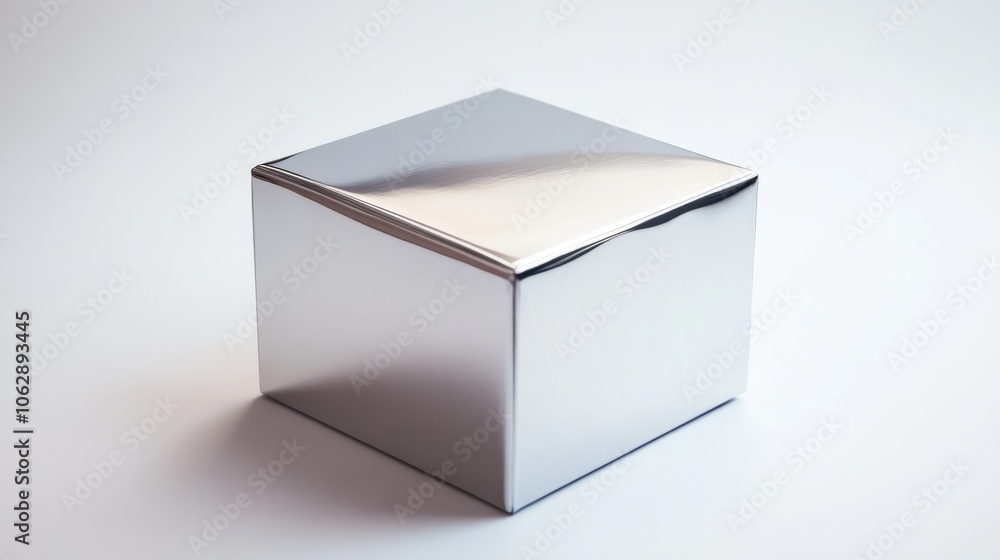 A metallic silver box with sharp edges and reflections of light, displayed on a white background A metallic silver box with sharp edges and reflections of light, displayed on a white background