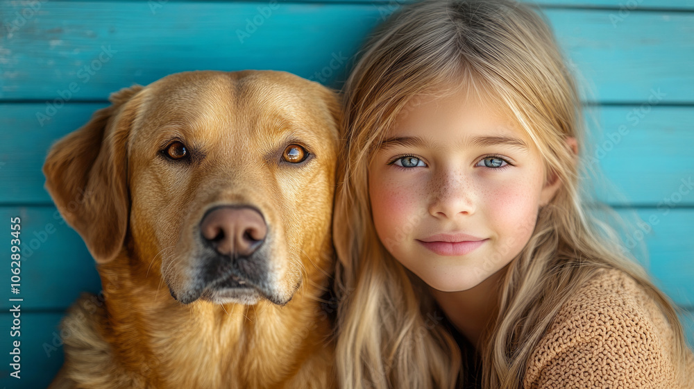 Charming portrait of a smiling young girl with her loyal yellow Labrador, friendship, trust and innocence theme concept Charming portrait of a smiling young girl with her loyal yellow Labrador, friendship, trust and innocence theme concept