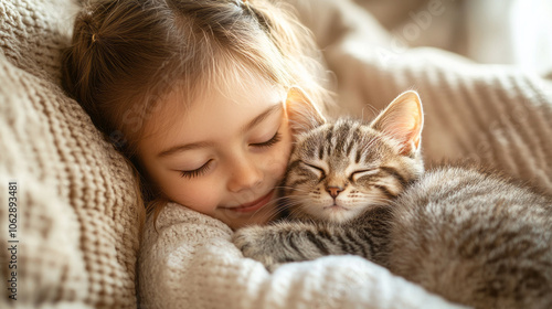 Adorable Child Embracing Sleeping Kitten on Soft Blanket, Expression of Comfort, Love, Serenity, Friendship, Cozy Feelings Concept