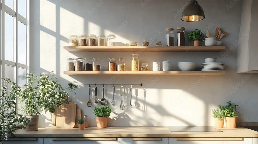 Bright and airy kitchen corner with pendant lighting casting a warm glow, neatly arranged spice rack on the wall, hanging utensils on hooks, and a clean, minimalist design for a fresh look. --ar 16:9 Bright and airy kitchen corner with pendant lighting casting a warm glow, neatly arranged spice rack on the wall, hanging utensils on hooks, and a clean, minimalist design for a fresh look. --ar 16:9
