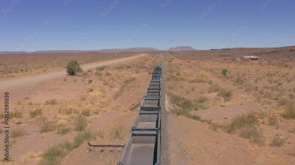 Aerial view of freight train in desert, Namibia, Africa Aerial view of freight train in desert, Namibia, Africa