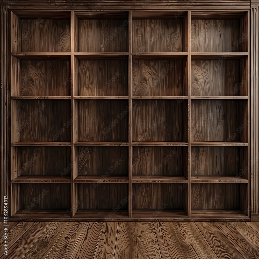Empty wooden bookshelf with multiple compartments on a wooden floor, highlighting natural texture and design, perfect for home or office. Empty wooden bookshelf with multiple compartments on a wooden floor, highlighting natural texture and design, perfect for home or office.