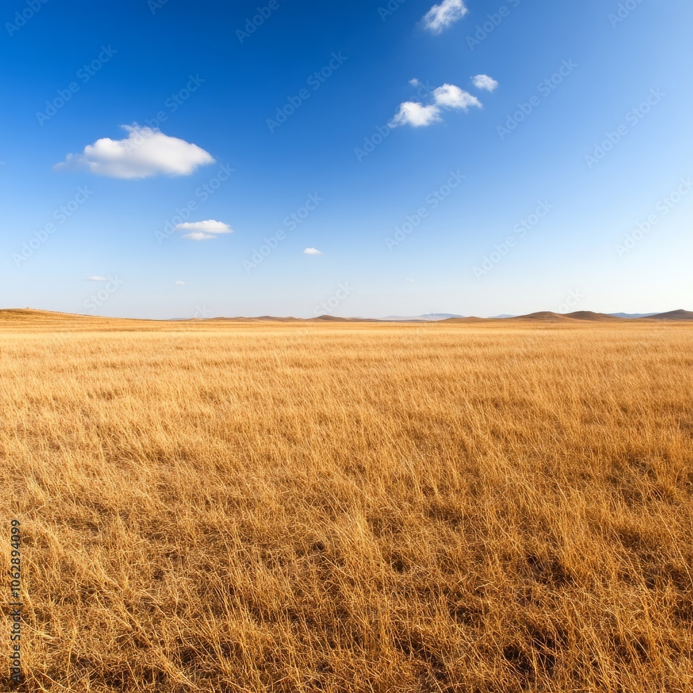 A vast golden field of dry grass stretches under a clear blue sky with fluffy clouds. A vast golden field of dry grass stretches under a clear blue sky with fluffy clouds.