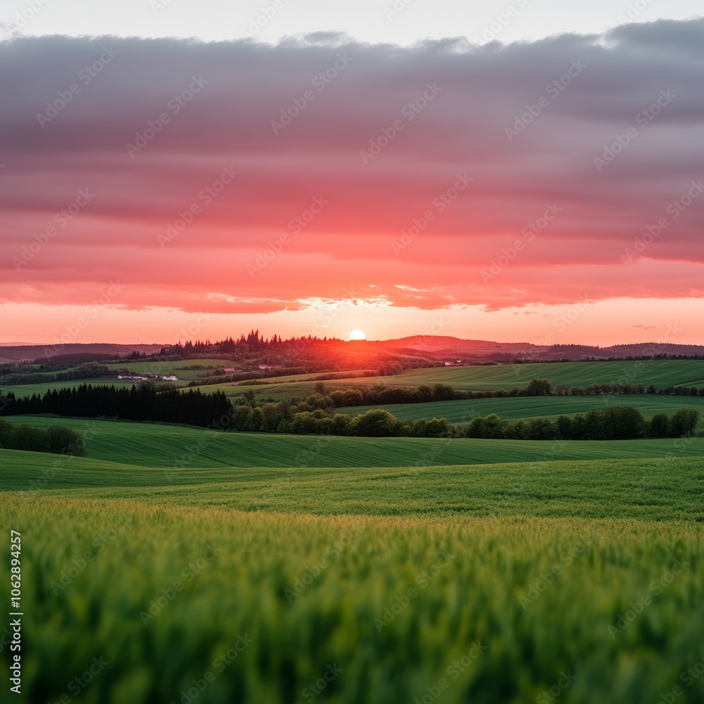 A vibrant sunset over rolling green hills, with a field of grass in the foreground. A vibrant sunset over rolling green hills, with a field of grass in the foreground.