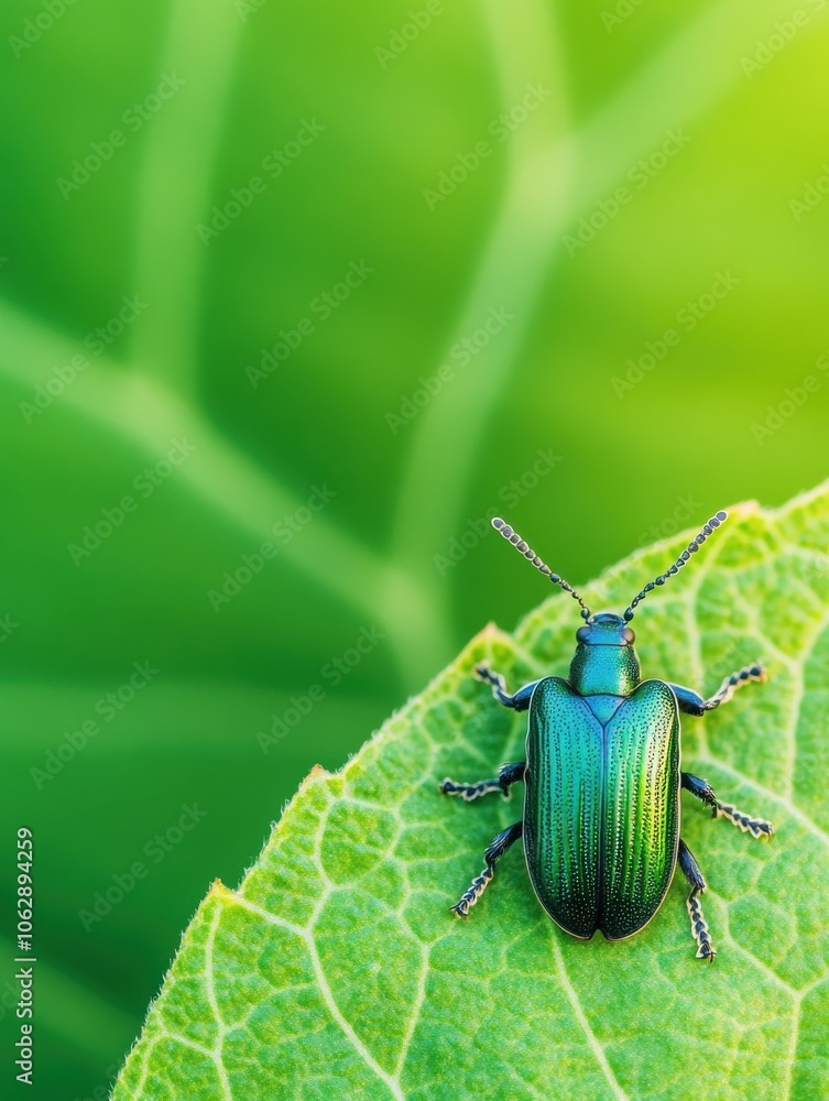 A vibrant green beetle perched on a leaf, highlighted against a lush, blurred background, showcasing nature's intricate details and colors. A vibrant green beetle perched on a leaf, highlighted against a lush, blurred background, showcasing nature's intricate details and colors.