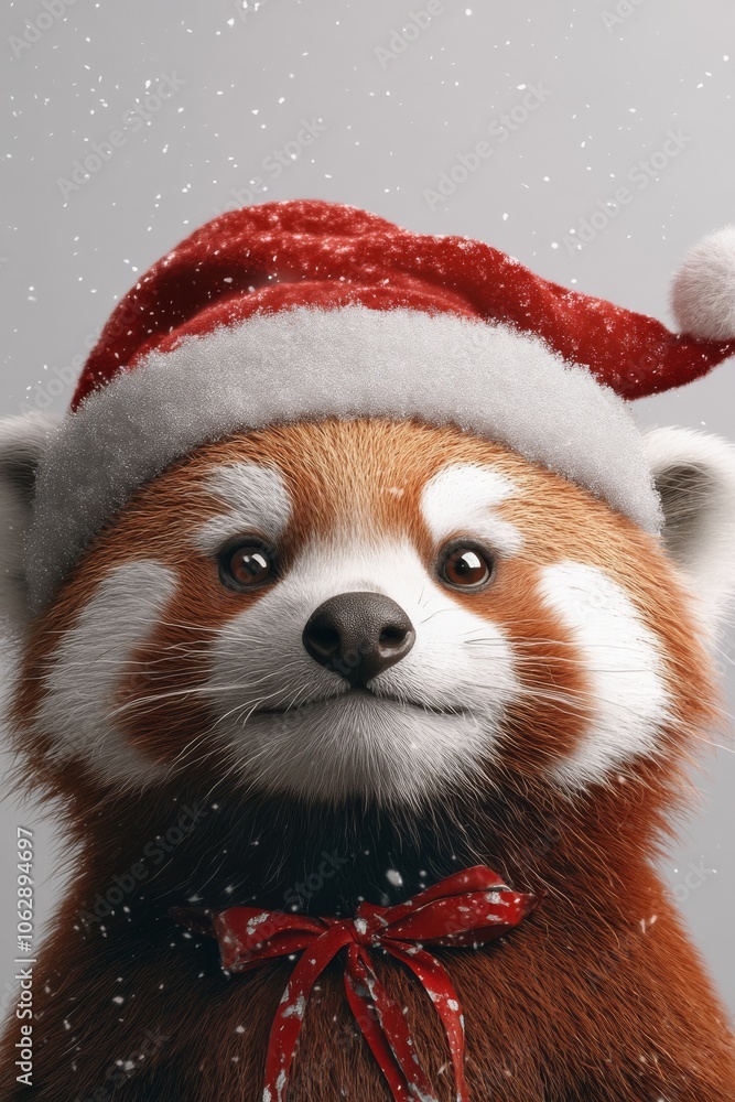 A charming red panda dons a festive Christmas hat amidst gentle snowfall, evoking the spirit of joy and celebration during the holiday season. A charming red panda dons a festive Christmas hat amidst gentle snowfall, evoking the spirit of joy and celebration during the holiday season.