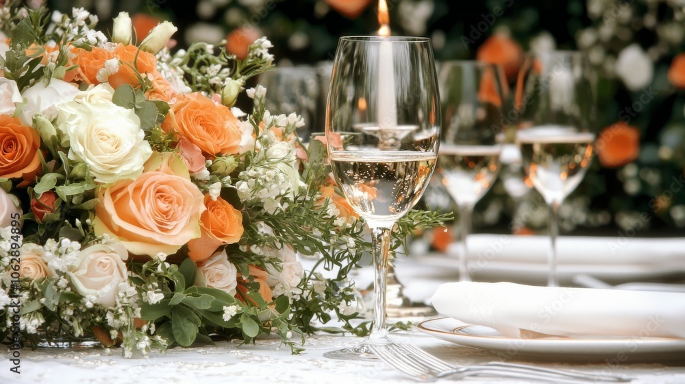 A well-decorated table presenting a bouquet of orange and white flowers alongside wine glasses, set against a floral background for an elegant dining experience. A well-decorated table presenting a bouquet of orange and white flowers alongside wine glasses, set against a floral background for an elegant dining experience.