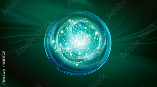science technological bubbles, cosmetics essence, digital illustration of an abstract, swirling energy sphere,dark green background, science and nature, skincare, 3d rendering