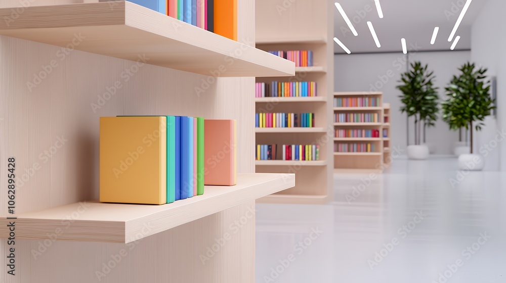 Fototapeta premium Bookshelf in a modern library with colorful books and potted plants.