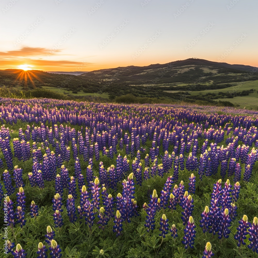 Fototapeta premium Sunrise over a field of purple wildflowers with a mountain range in the background.