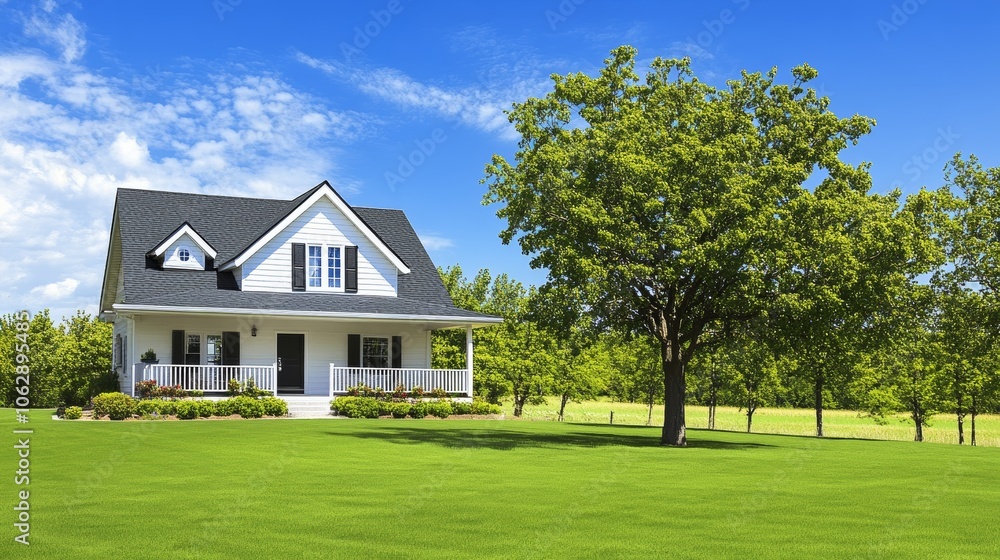 A charming house surrounded by lush greenery and a clear blue sky, showcasing a serene landscape. A charming house surrounded by lush greenery and a clear blue sky, showcasing a serene landscape.