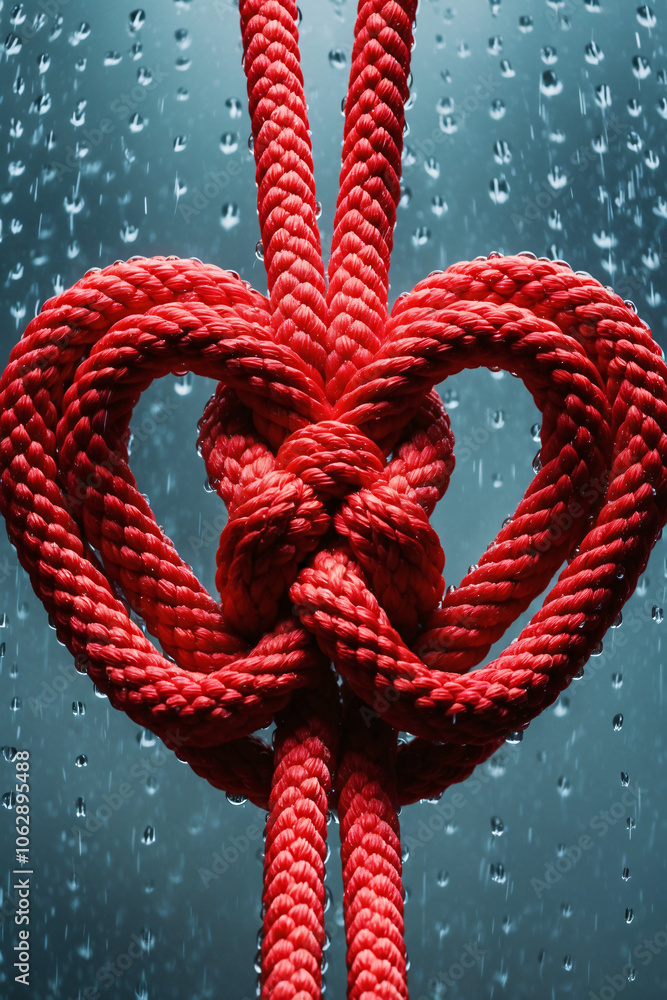 Hanging red heart-shaped rope knot in front of a rain-covered window Hanging red heart-shaped rope knot in front of a rain-covered window