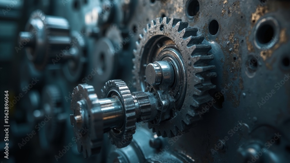 Close-up of industrial gears in a mechanical workshop setting Close-up of industrial gears in a mechanical workshop setting