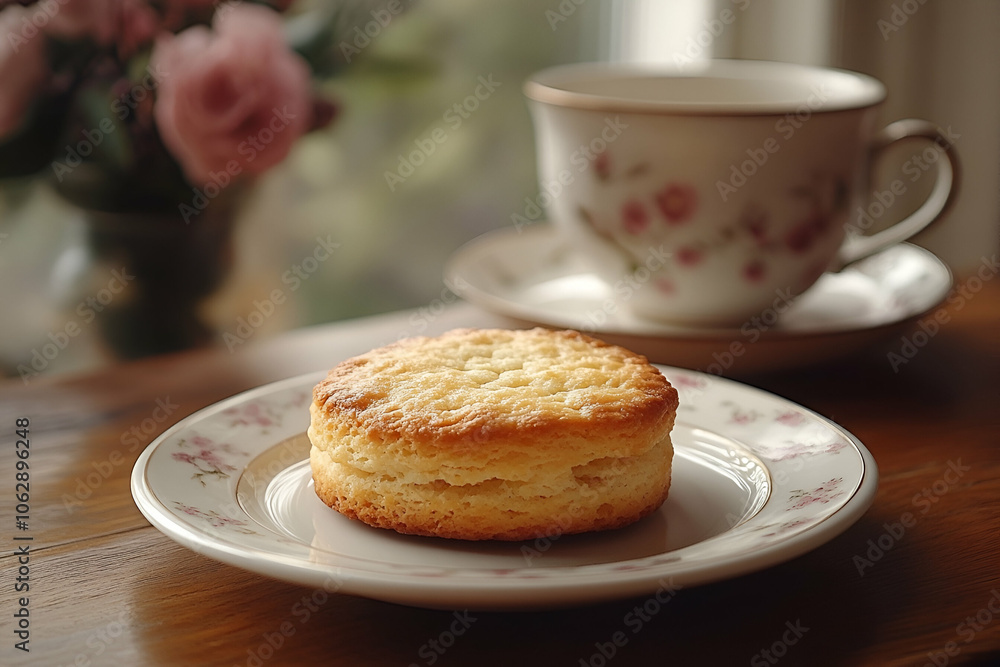 A cozy scene featuring a scone on a decorative plate beside a teacup, with soft floral elements adding to the inviting atmosphere. A cozy scene featuring a scone on a decorative plate beside a teacup, with soft floral elements adding to the inviting atmosphere.
