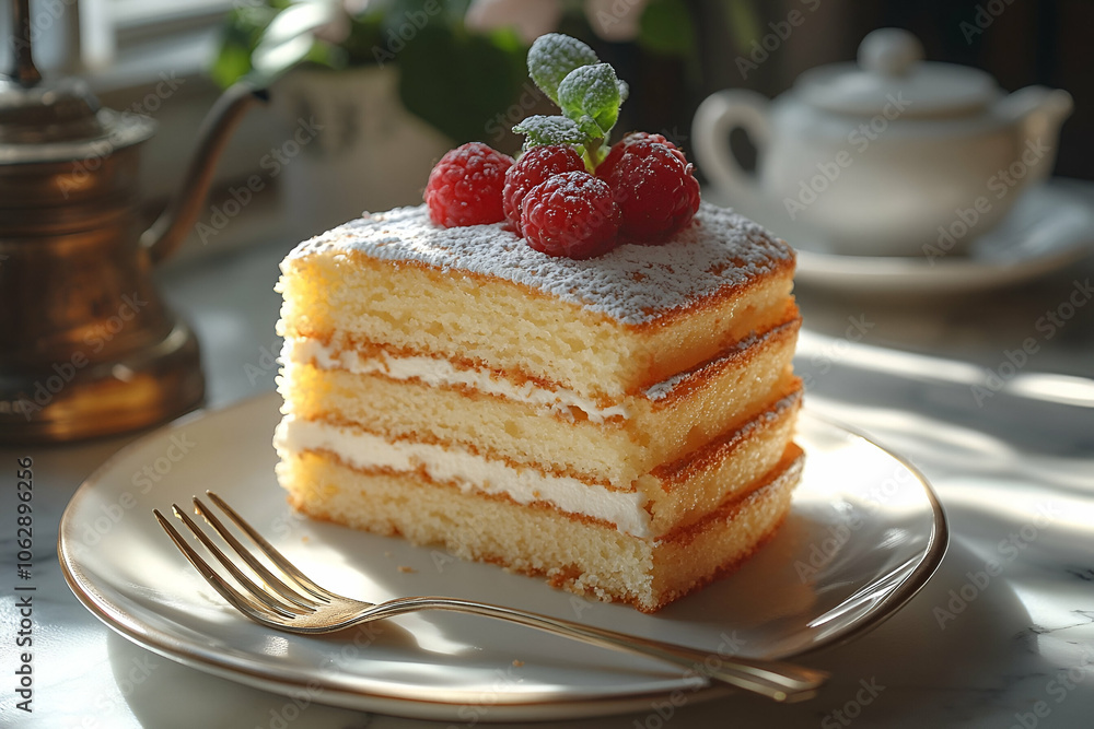 A delectable slice of layered cake topped with fresh raspberries and mint leaves, sitting on a delicate plate, illuminated by soft natural light. A delectable slice of layered cake topped with fresh raspberries and mint leaves, sitting on a delicate plate, illuminated by soft natural light.