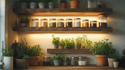 Charming kitchen corner with rustic floating shelves, warm concealed lighting casting a soft glow on glass jars and herbs in pots, creating a cozy, farmhouse-inspired look. --ar 16:9