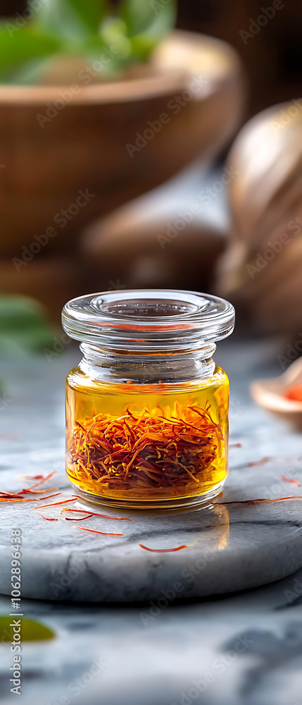 Discover the richness of saffron threads in a luxurious glass jar Discover the richness of saffron threads in a luxurious glass jar