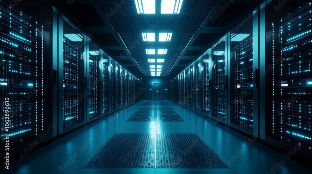 A futuristic data center filled with server racks and illuminated by blue lighting. A futuristic data center filled with server racks and illuminated by blue lighting.