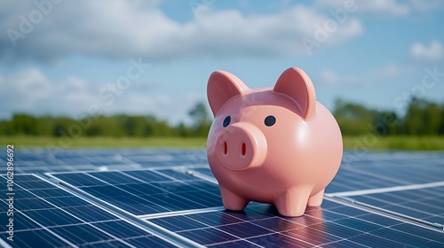 Pink piggy bank sitting on a solar panel.