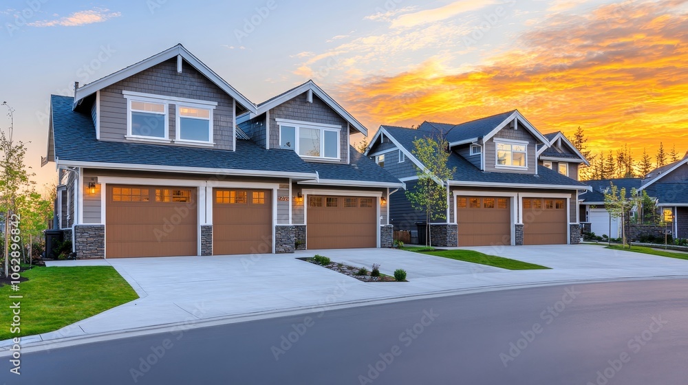 A serene suburban scene featuring modern homes at sunset with well-maintained lawns. A serene suburban scene featuring modern homes at sunset with well-maintained lawns.