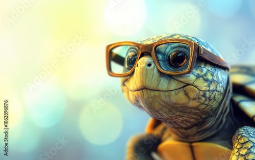 A photorealistic image of a turtle wearing stylish glasses, set against a soft, blurred background that enhances the turtle's features photo