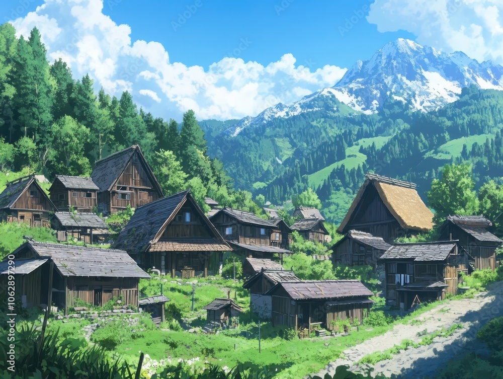 A lush animestyle mountain village surrounded by traditional wooden homes and majestic peaks A lush animestyle mountain village surrounded by traditional wooden homes and majestic peaks