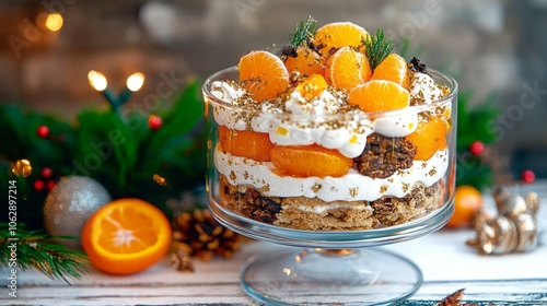 Vivid Photorealistic Citrus Trifle Dessert with Fresh Fruits and Creamy Layers on a Rustic Table